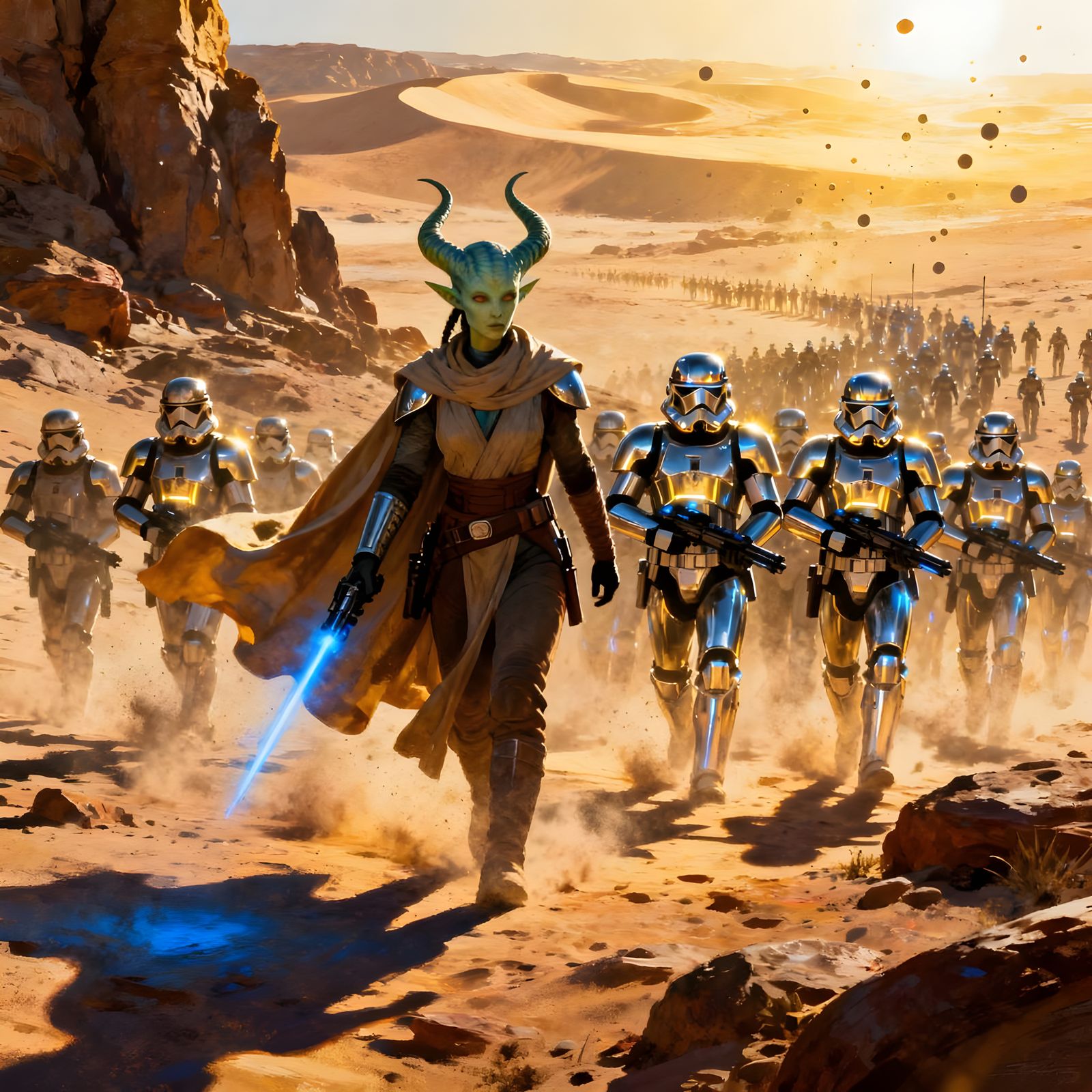 Jedi Twi'lek Leads Clone Troopers on Desert Planet