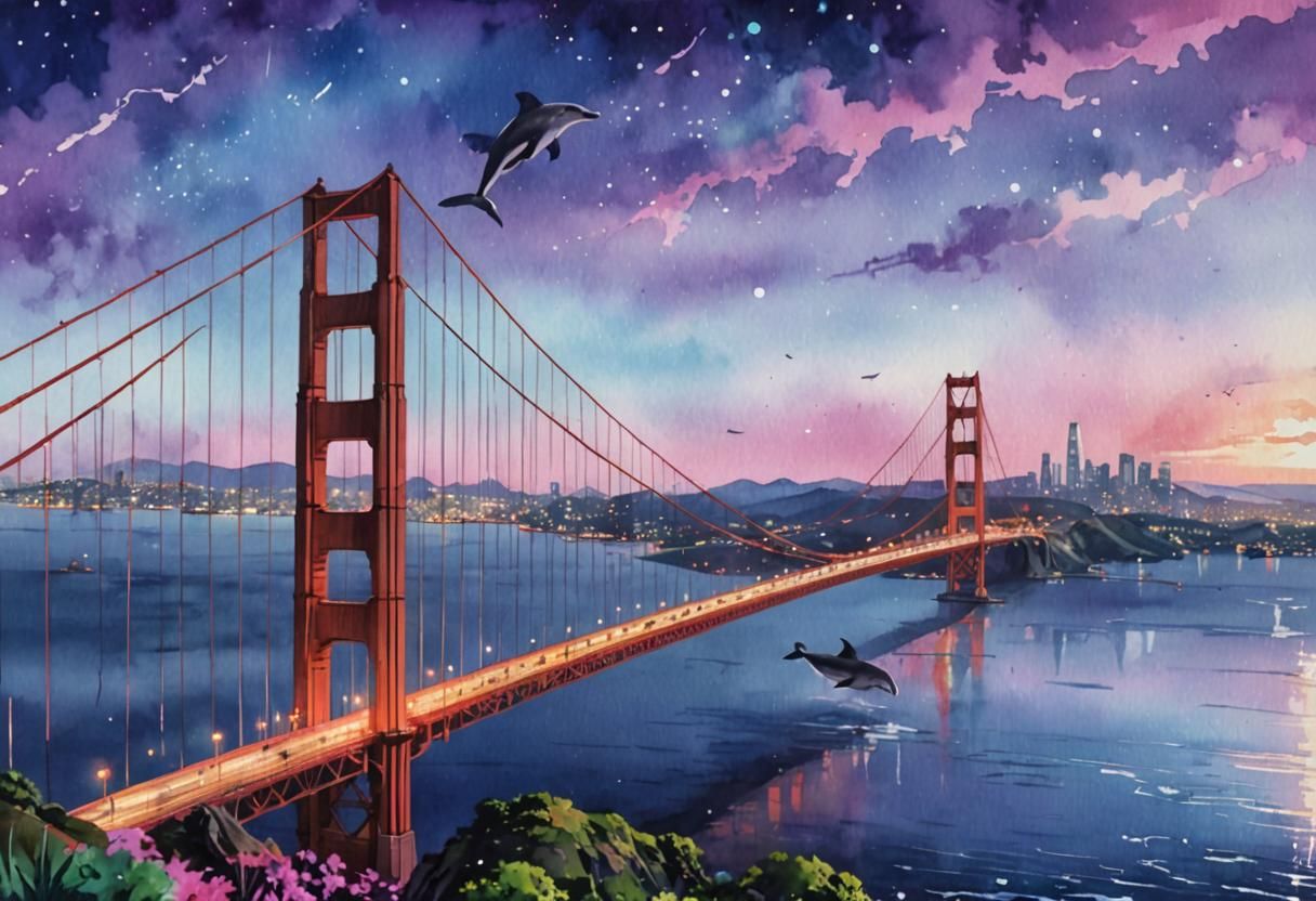 Golden Gate Bridge with Dolphin in 80s Anime Style