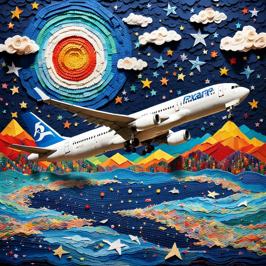 Airliner Over Magical Islands in Naive Art Style