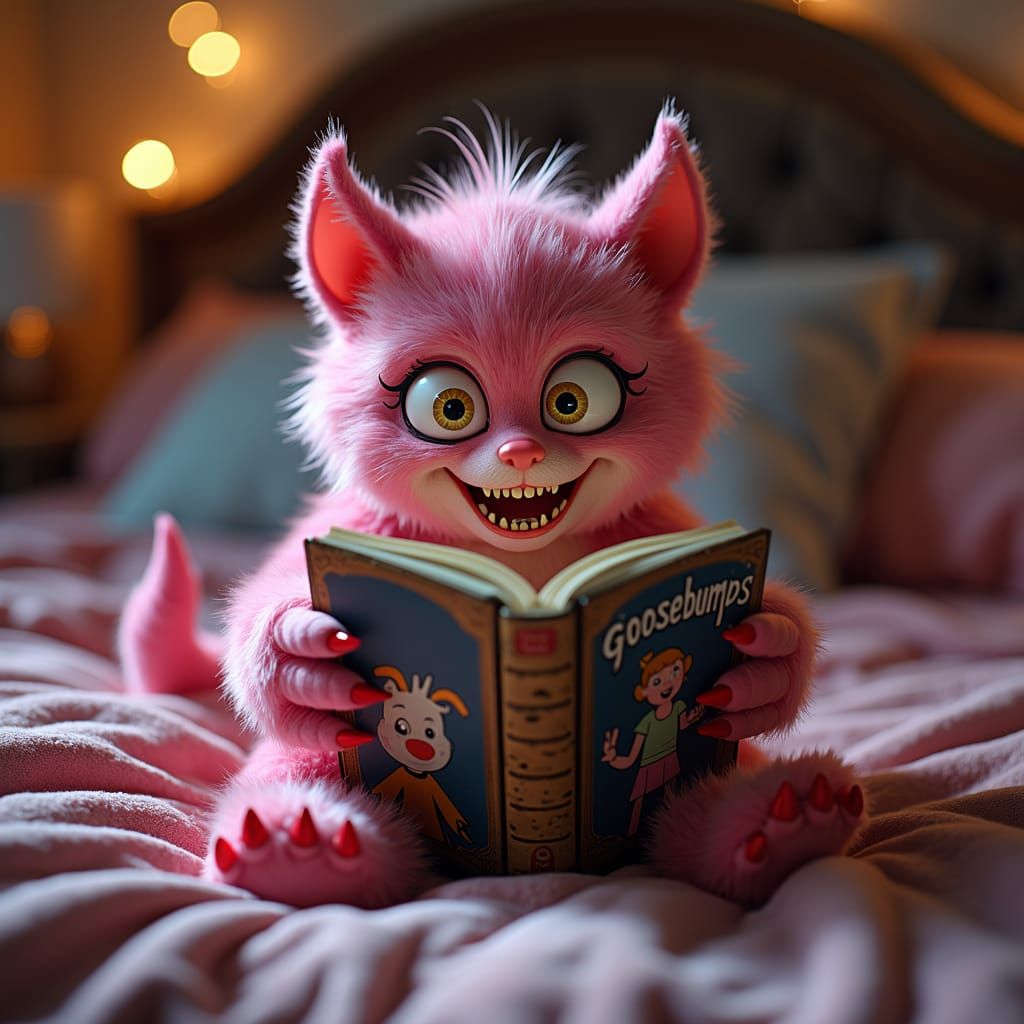Pink Monster Girl Reads Goosebumps, Hyper-Realistic Macro