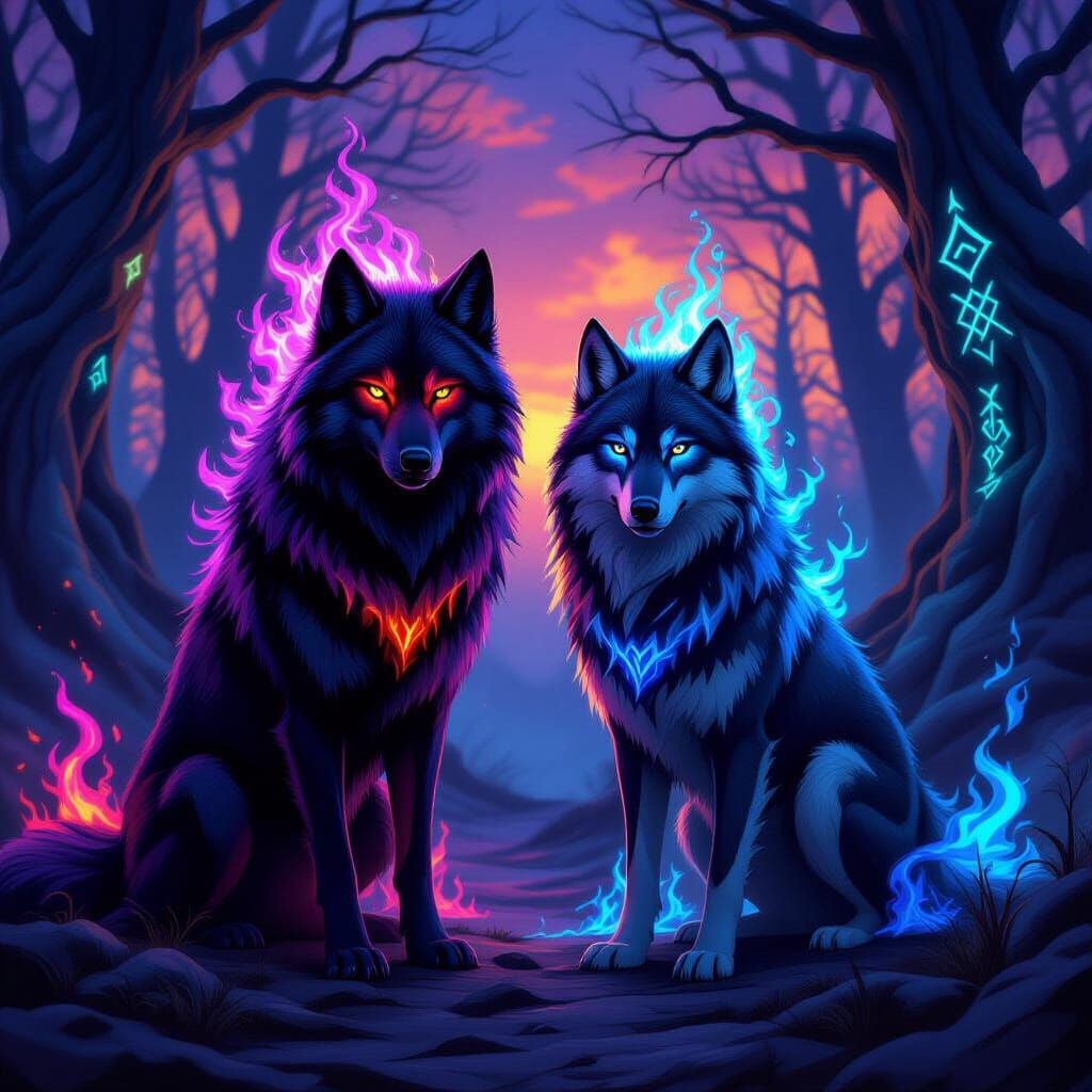 Majestic Wolves With Ethereal Fire in Twilight Forest
