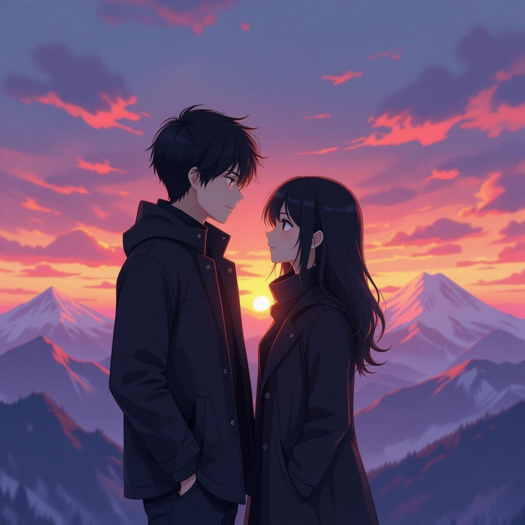 Anime Couple at Sunset Mountain Peak