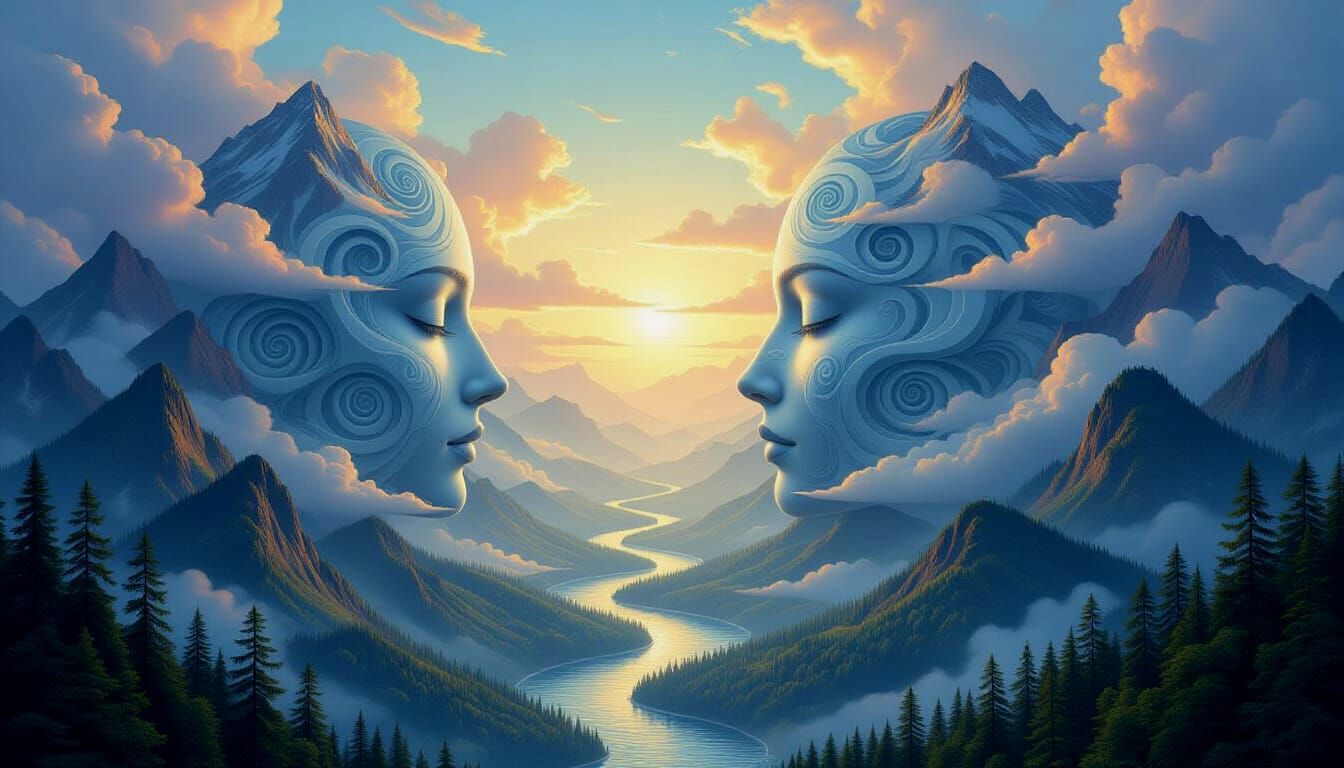 Surreal Landscape Illusion Art With Hidden Faces and Creatur...