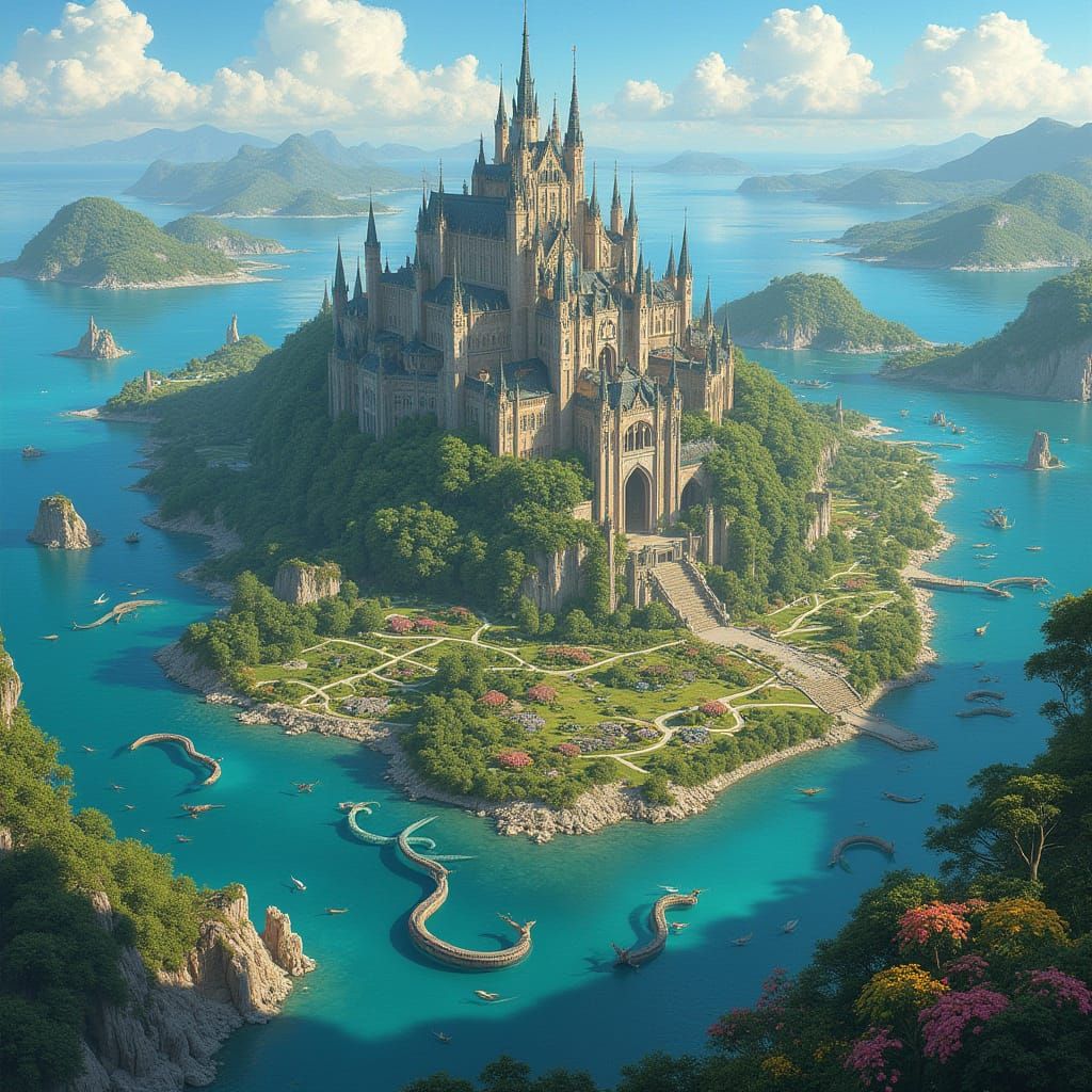 Medieval Fantasy Queendom with Serene Sea and Vibrant Garden...