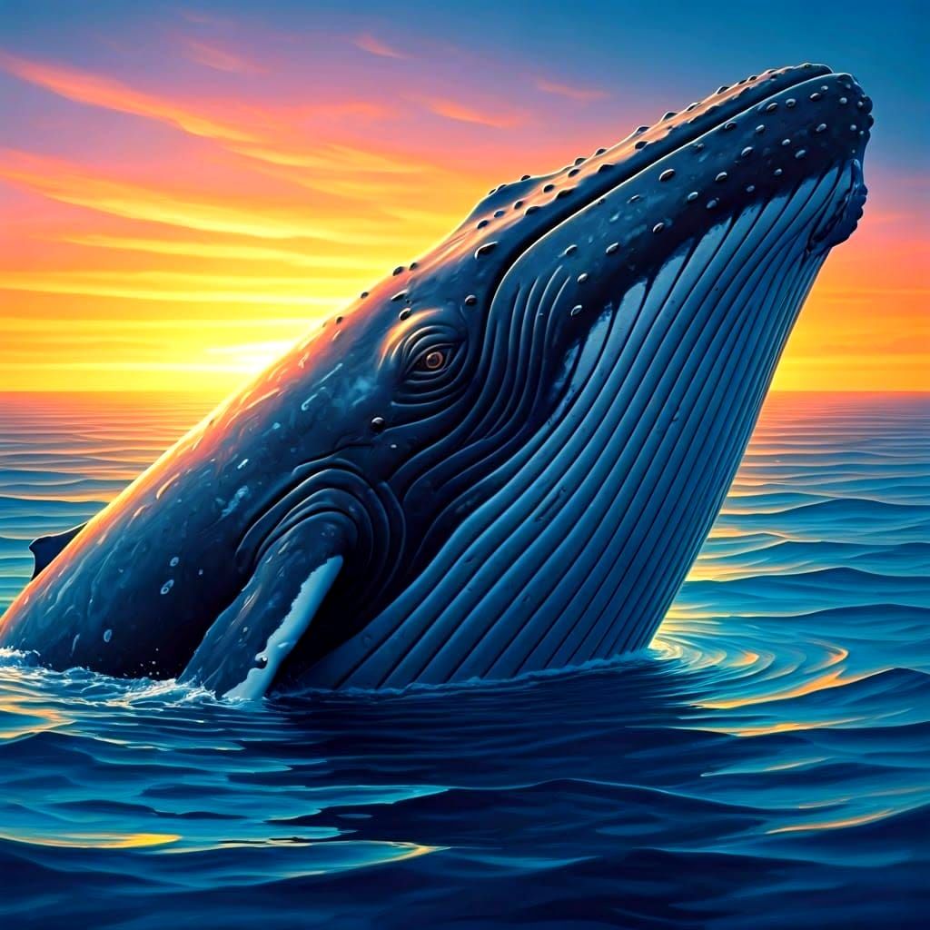 Surreal Humpback Whale in Sunset Glow with Intricate Details