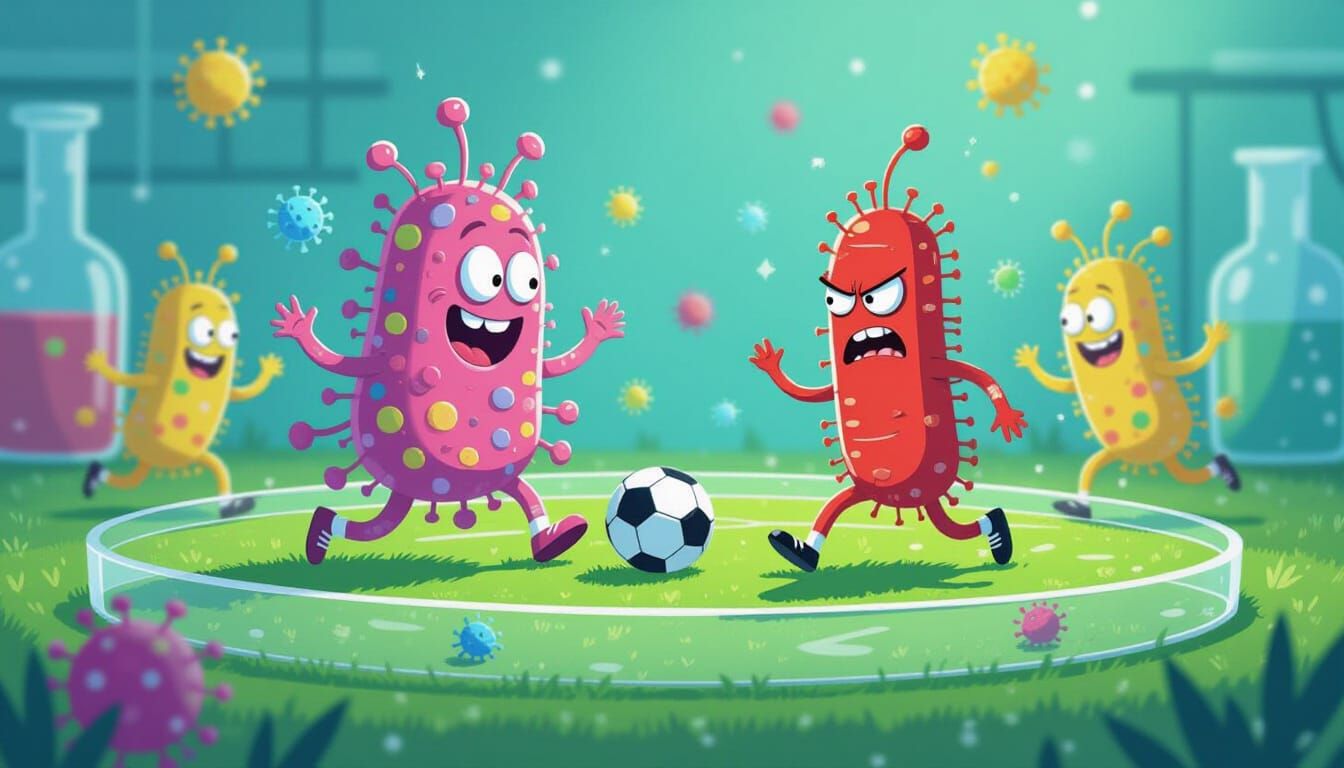 Cartoony Bacteria Play Soccer in Neon Colors