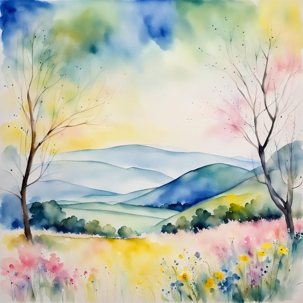 Peaceful Landscape Watercolor Painting in Blue, Yellow, Gree...