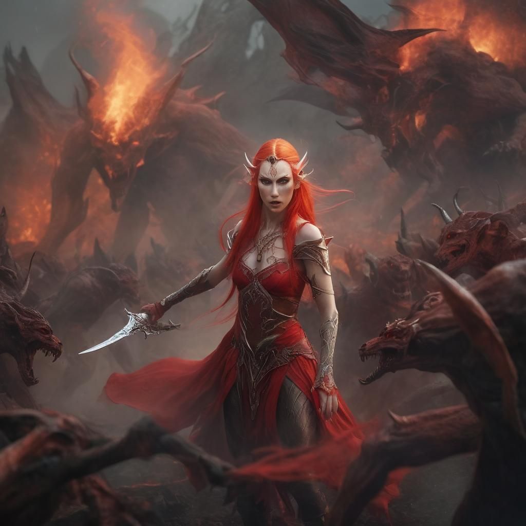 Elven Rogue Battles Demons in Fiery Landscape