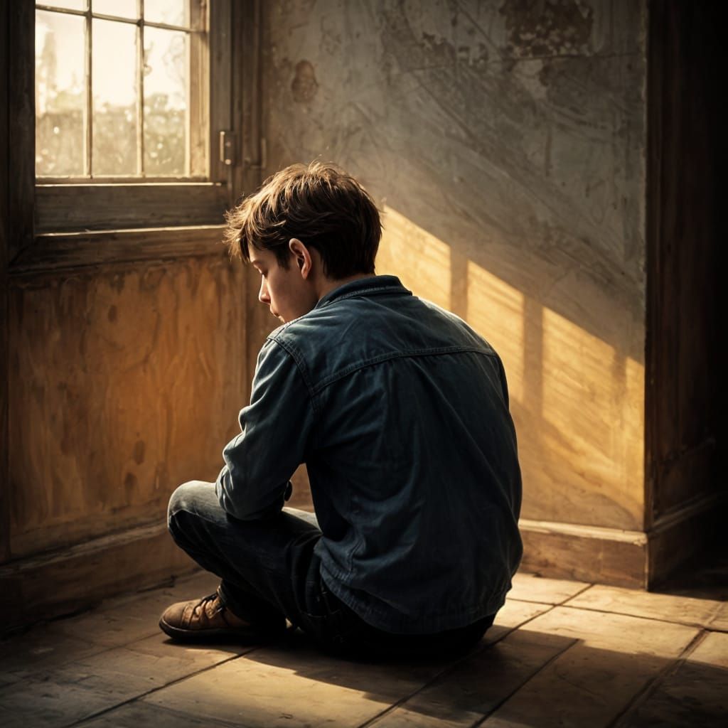Lonely Boy Sitting Against a Wall