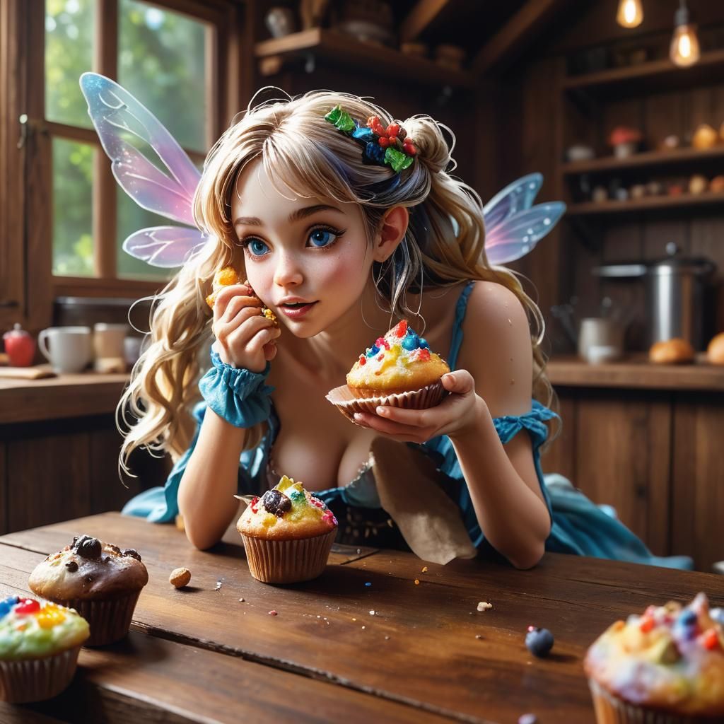 Fairy's Muffin Feast: Hyperrealistic Kitchen Scene