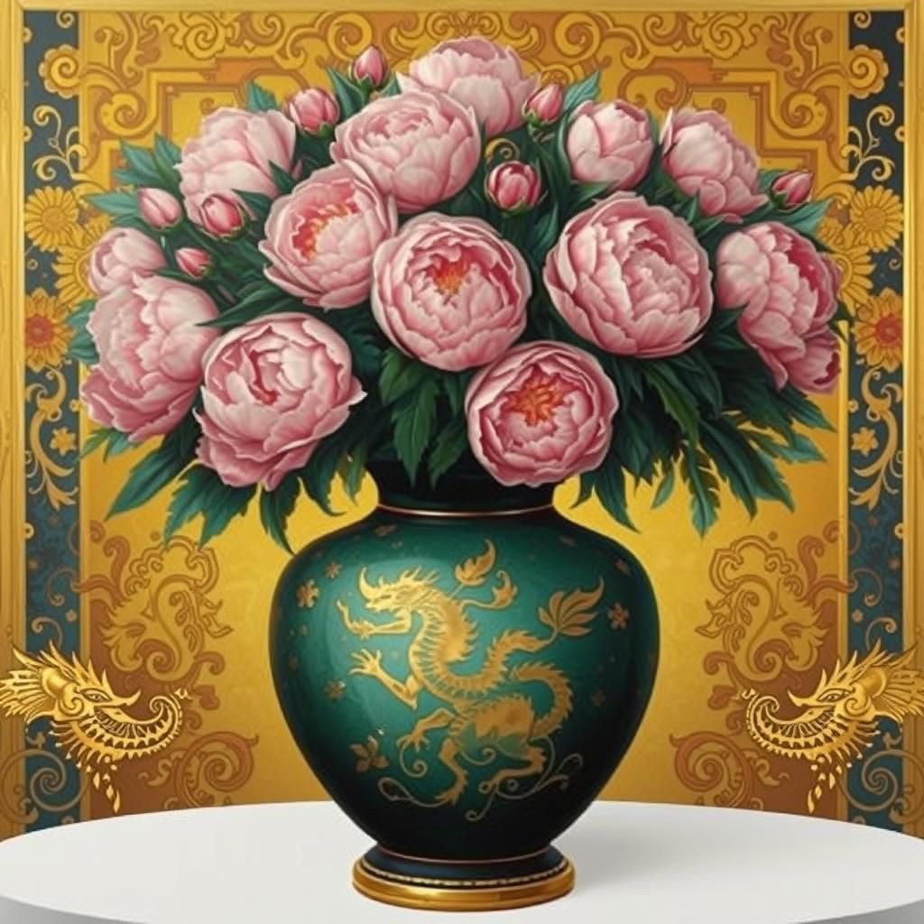 Opulent Peonies Bouquet in Dragon Vase: Coloring Page