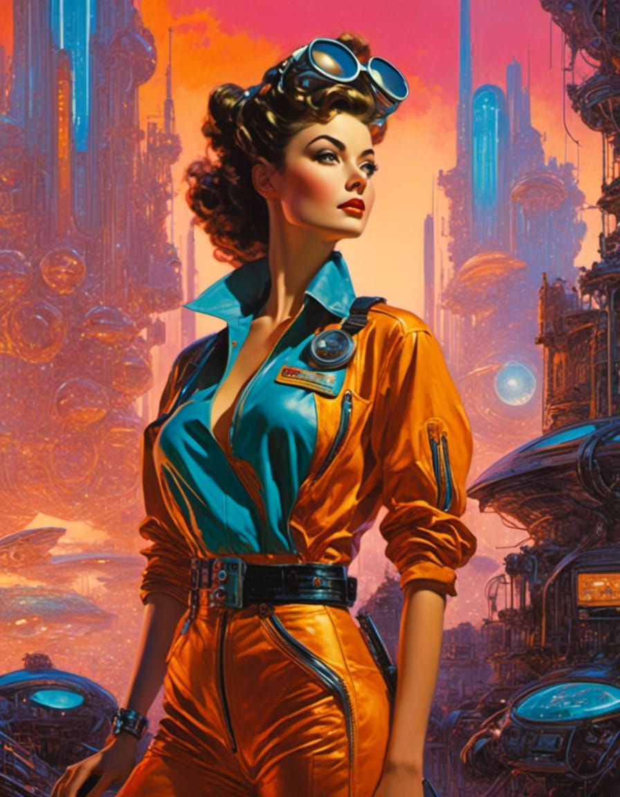 Retro Starship Mechanic in Atompunk Cityscape