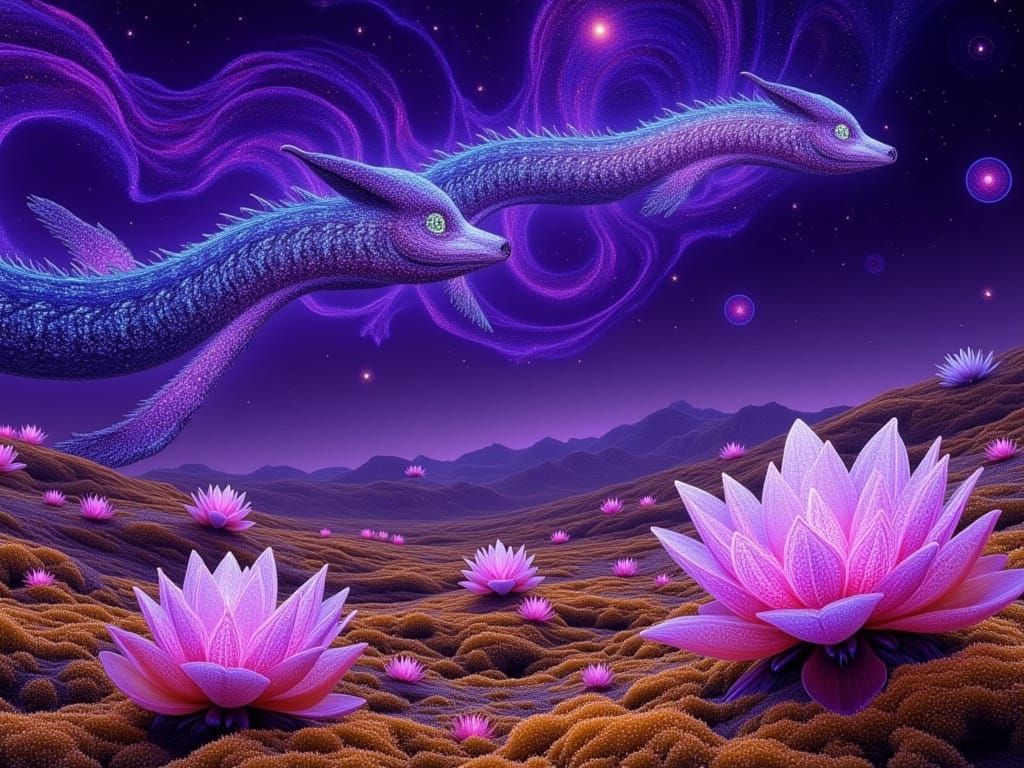 Glowing Crystal Lotus Blooms Under Galactic Milkyway