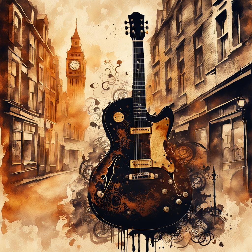 London Steampunk Guitar in Ink Painting Style