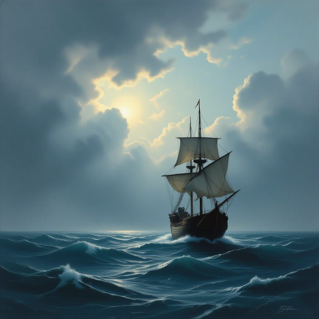 Lonely Ship on Churning Sea in Romantic Style