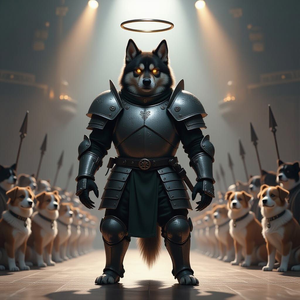 Dog Leader in Armor with Halo and Glowing Eyes