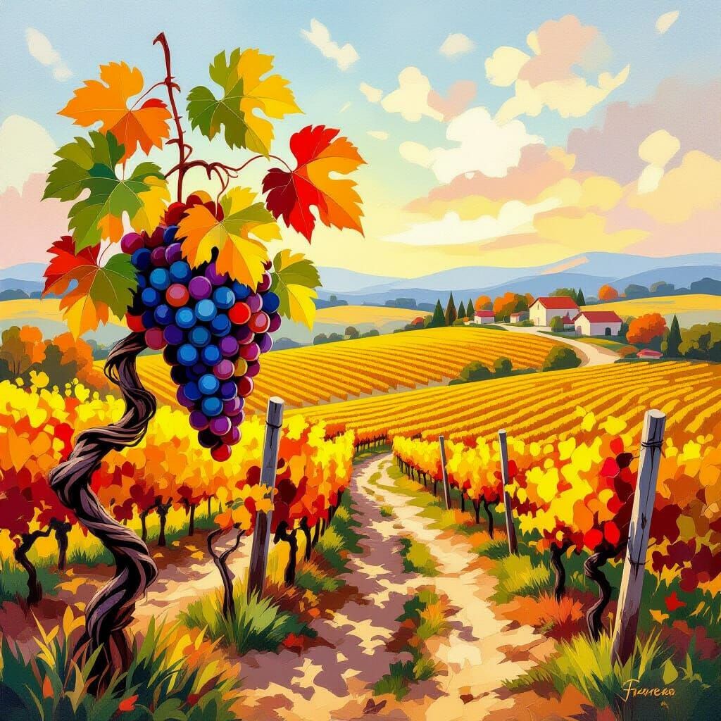 Autumn Vineyard Landscape in Impressionist Style