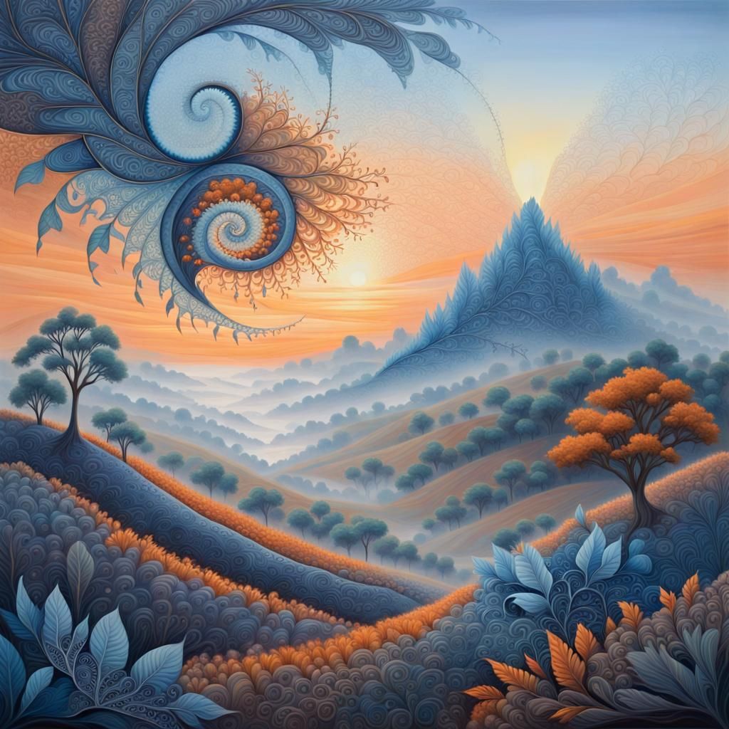 Dreamy Countryside Sunrise with Fractal Patterns and Zentang...