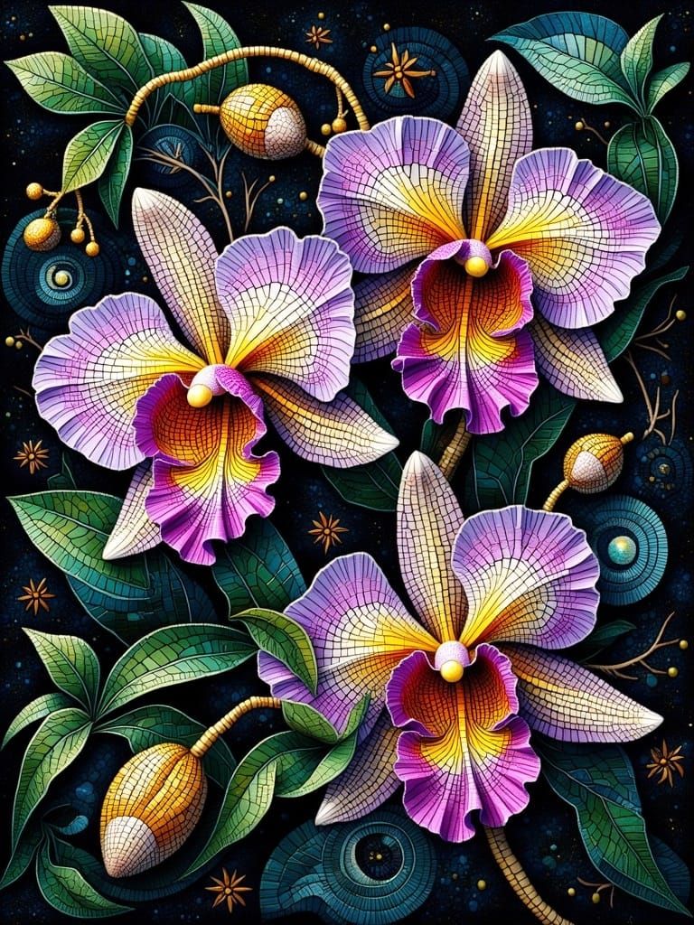 Ornamental Orchids in Vibrant Fractal Patterns