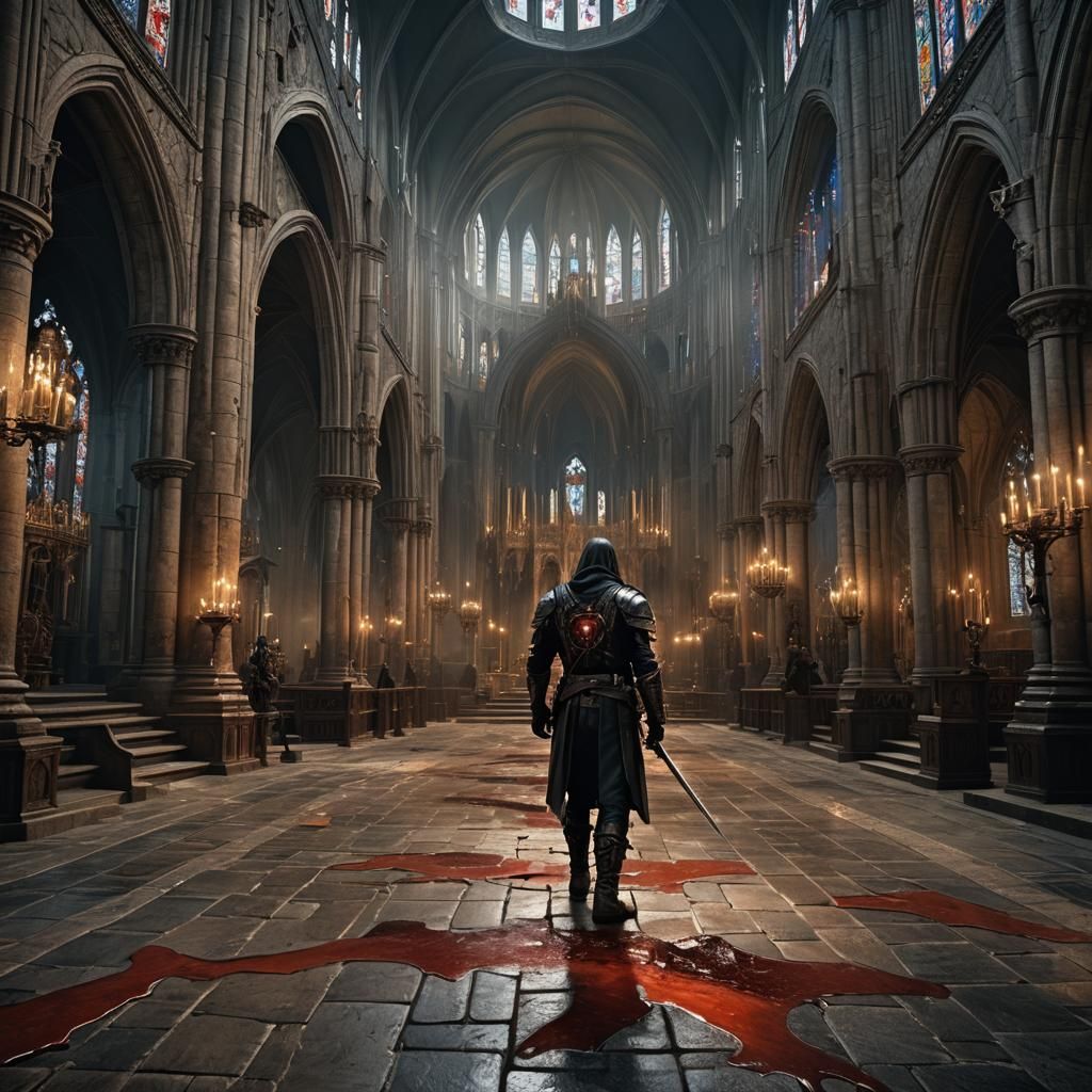Assassin Pins Templar in Gothic Church: Cinematic Still