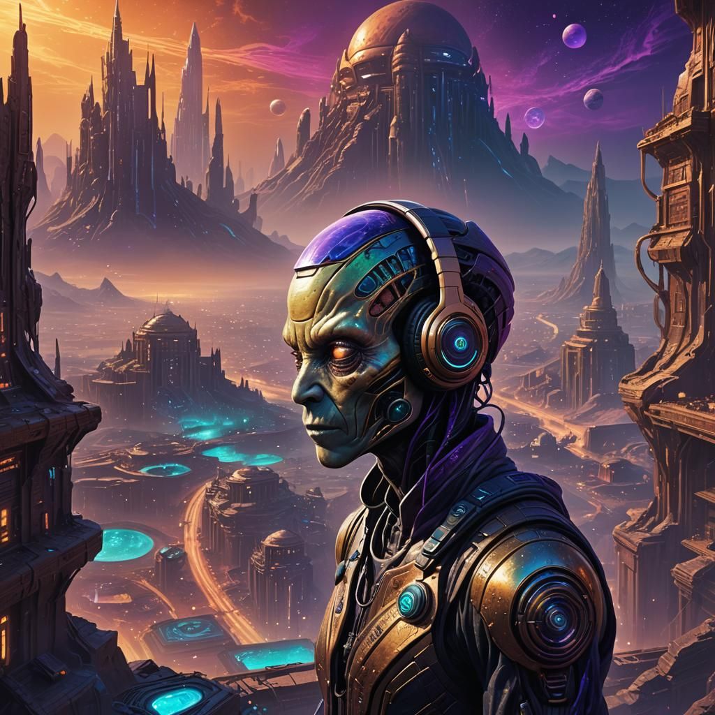 Alien with Headphones on Mars in Neon Cityscape
