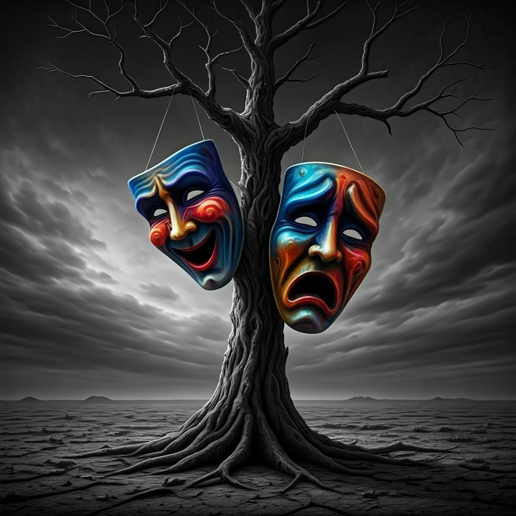 Vibrant Masks Adorn a Haunting Tree in Dark Fantasy Art