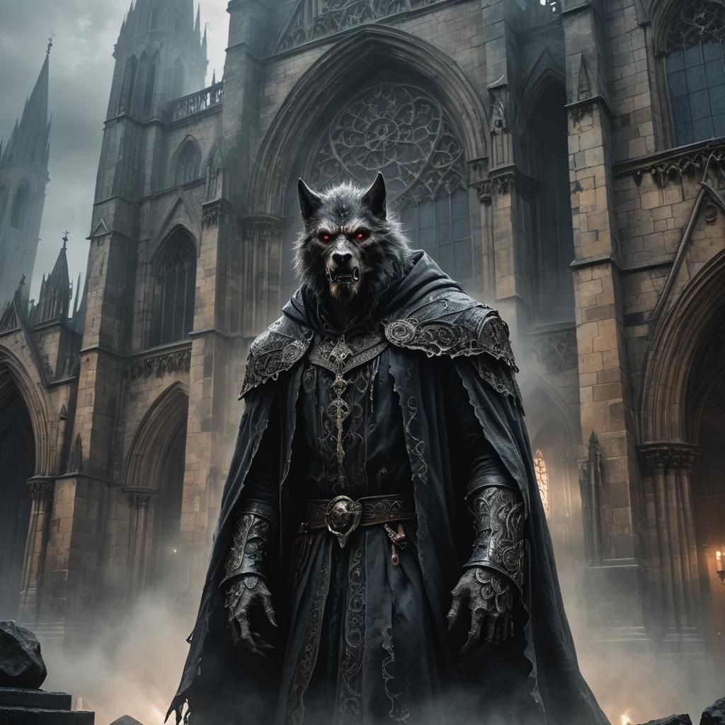 Werewolf in Gothic Cathedral, Dark Fantasy Art