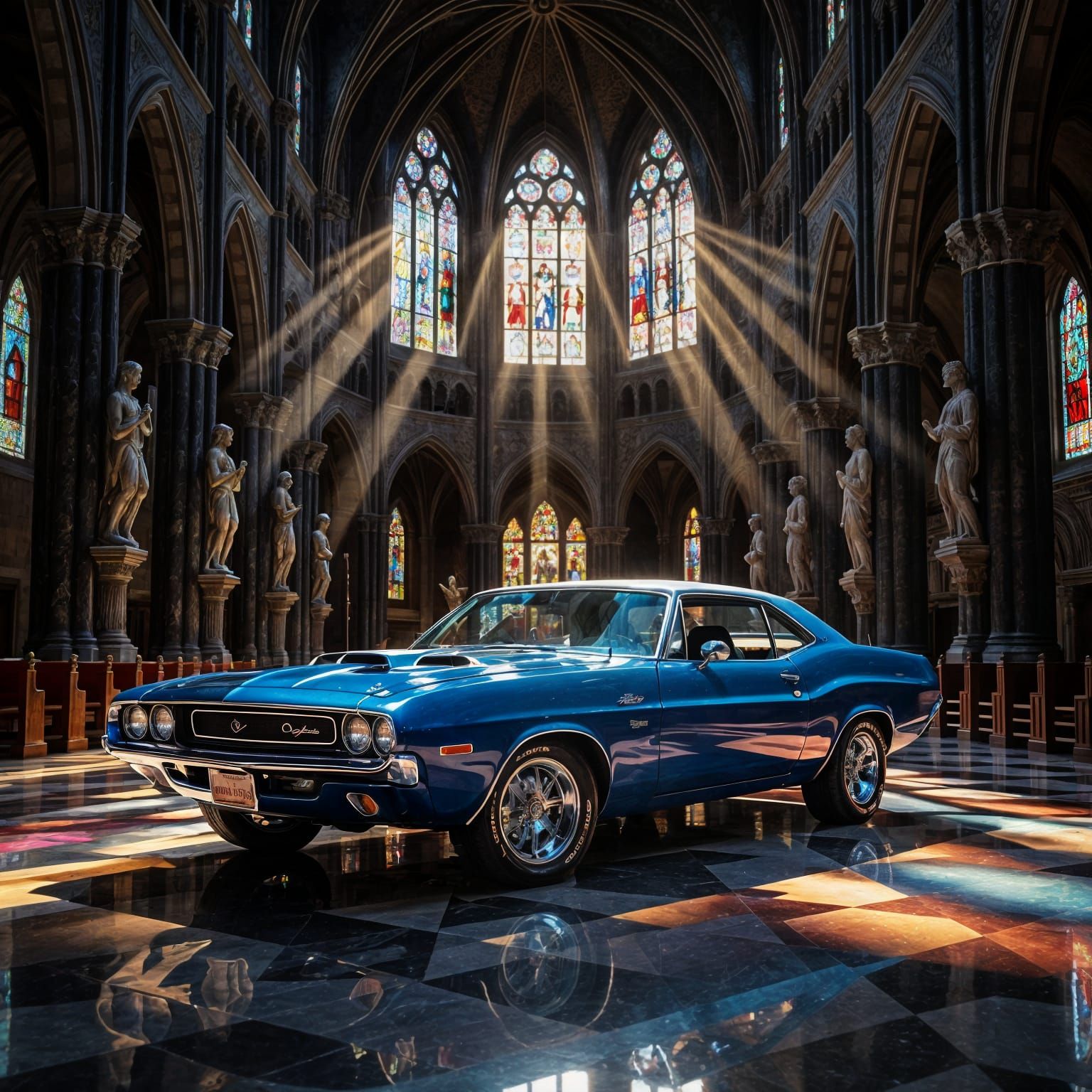 Muscle Cars in Ancient Cathedral with Crimson Exhaust Glow