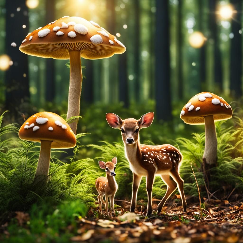 Sunlit Forest Mushrooms with Deer