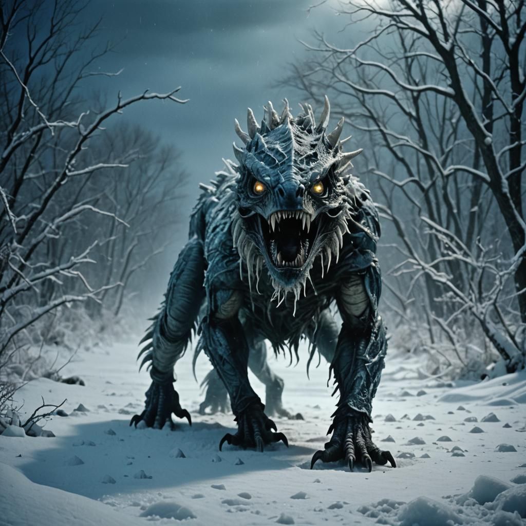 Iced Creature Stalks Prey in Blizzard