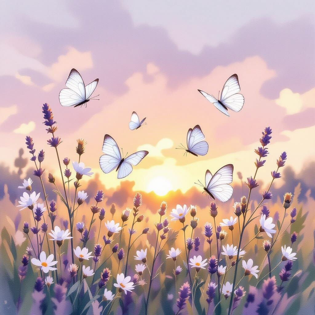 Butterflies in Dawn Meadow, Watercolor Painting