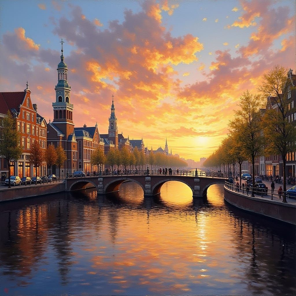 Amsterdam Landmarks at Sunset Oil Painting