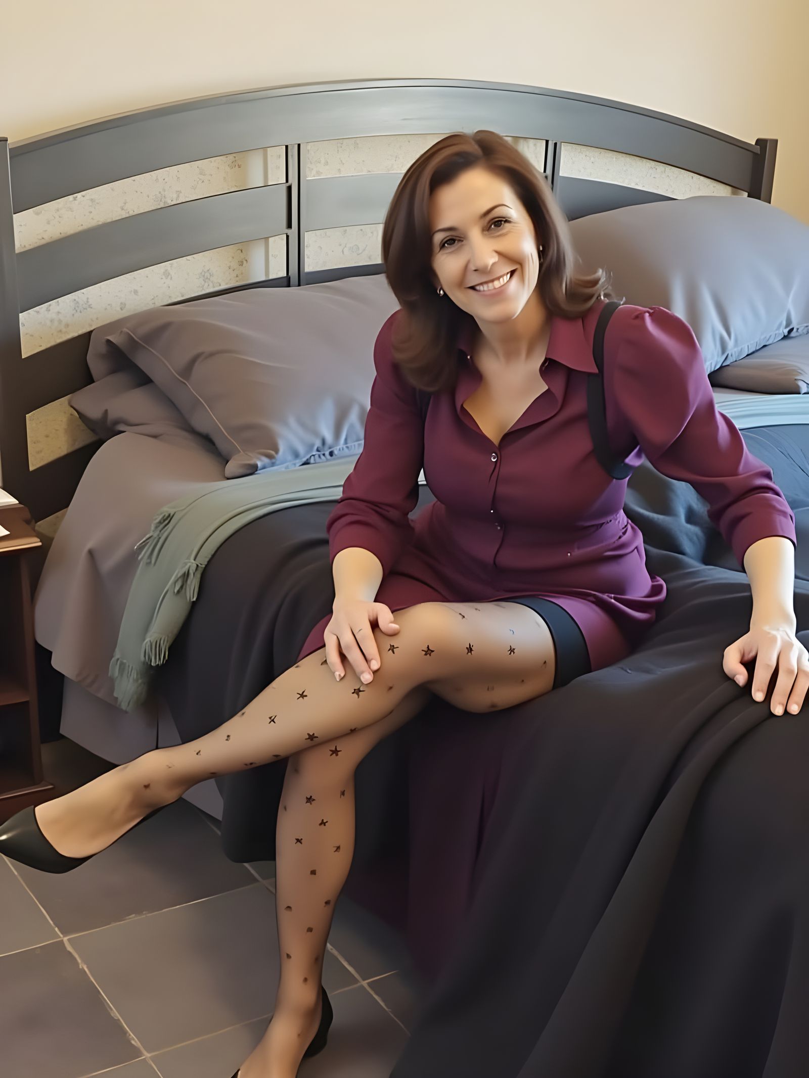 Elegant Woman Seated in a Burgundy Chair with a Subdued Inte...