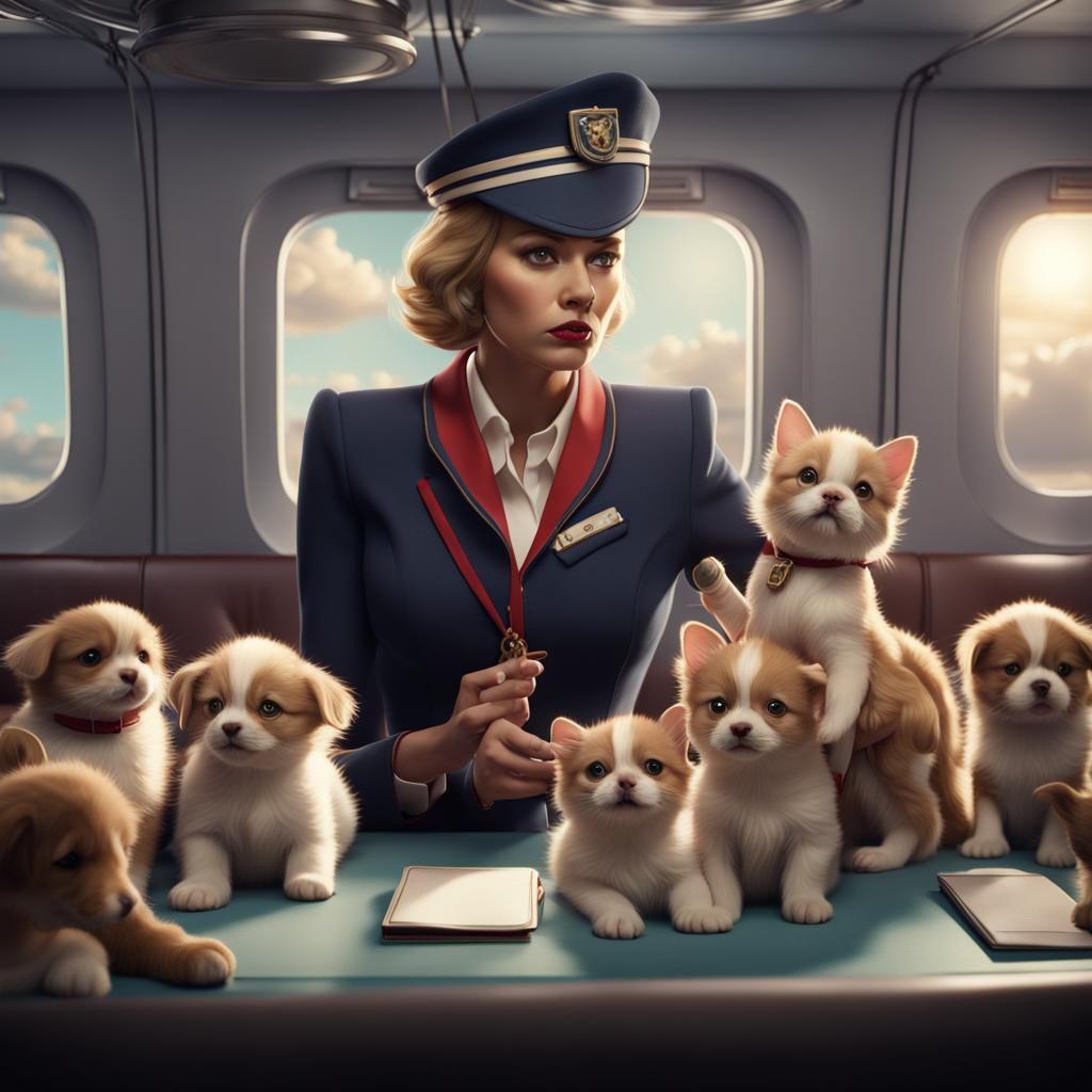 Humorous Cat Flight Attendant with Puppy Passengers
