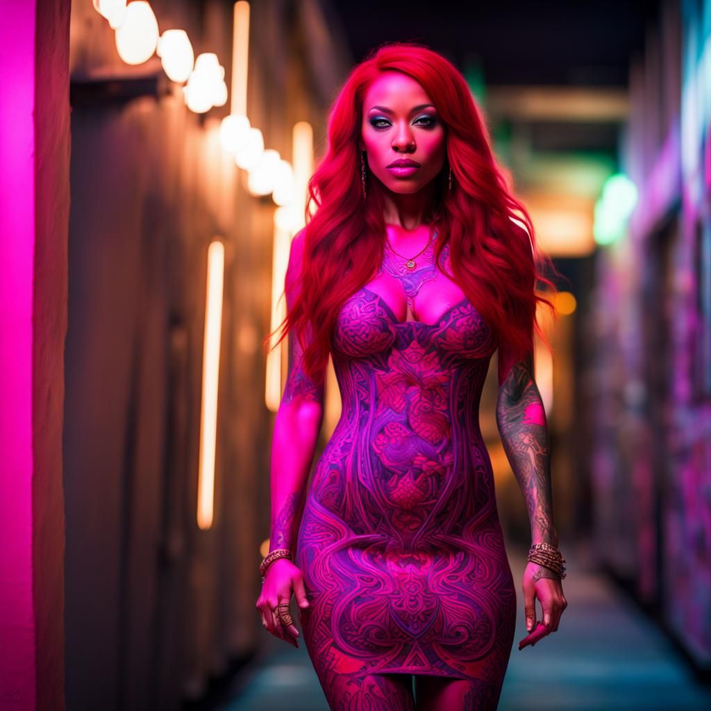 Glowing Woman with Tattoos in Iridescent Dress