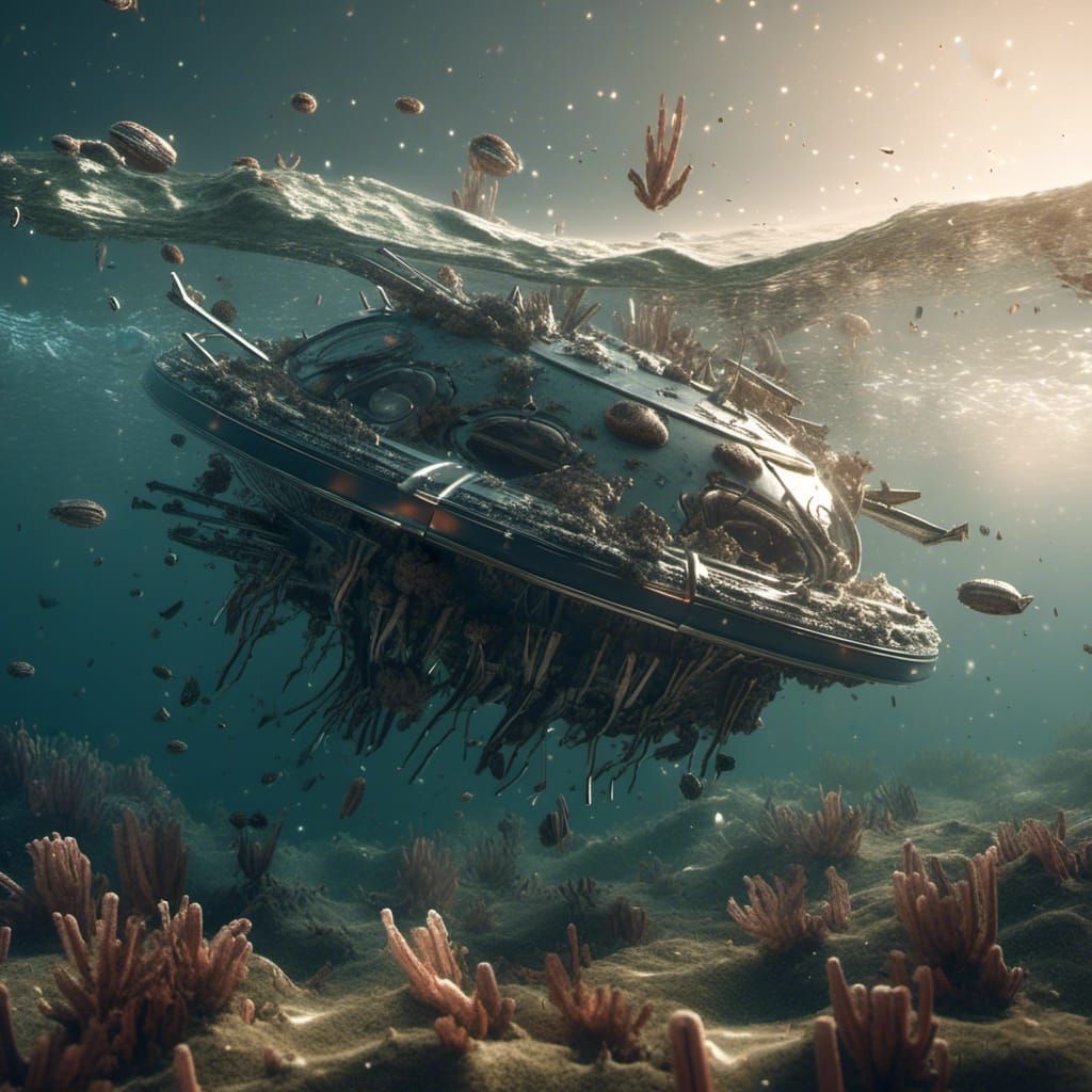 Crashed UFO at Sea Bottom in Sci-Fi Style