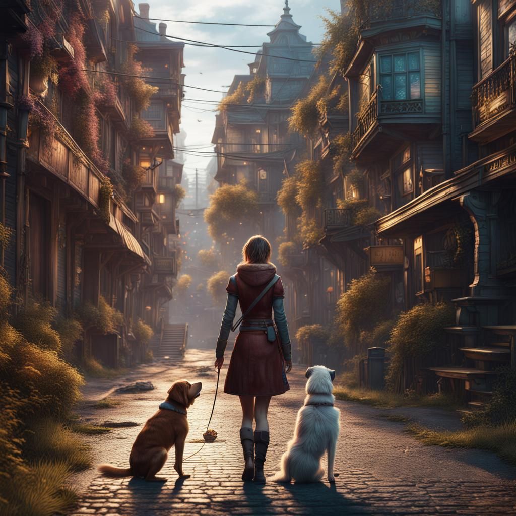 Girl and Dog in Astoria: Detailed Matte Painting