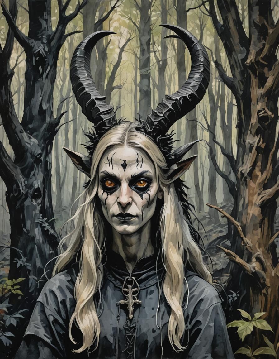 Baphomet and Puritan Witch in Forest, Gouache Style