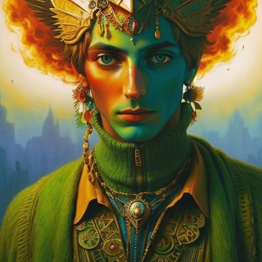 Surreal Man's Face with Fruit, Birds and Fire