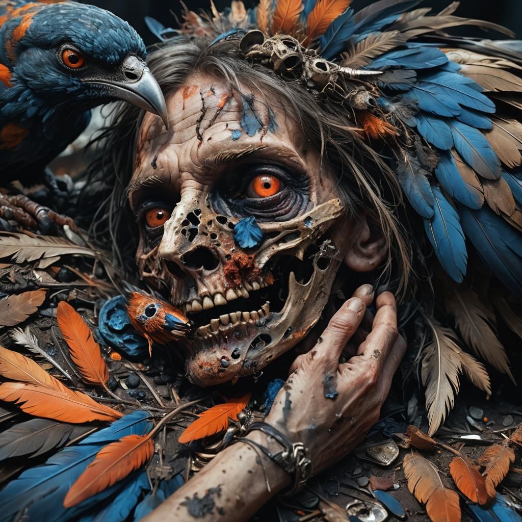 Hyperrealistic Decaying Person with Bird Eating Eye