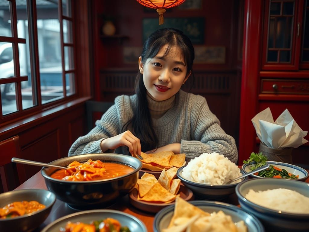 Cozy Korean Restaurant Food Scene in Cinematic Style