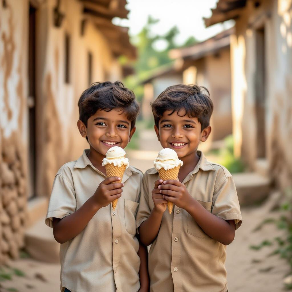 Joyful Indian Boys Share Ice Cream in Rural Village