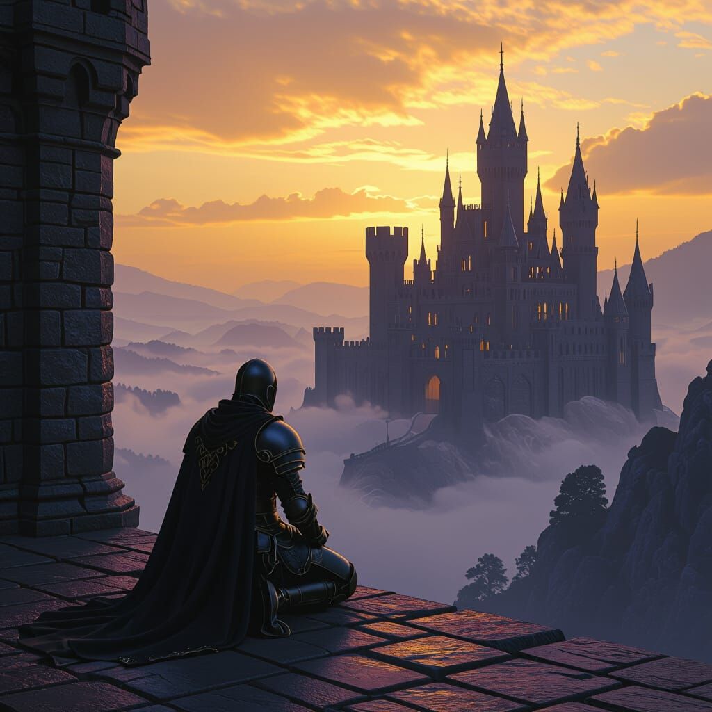Knight Gazing at Gothic Castle in Misty Landscape