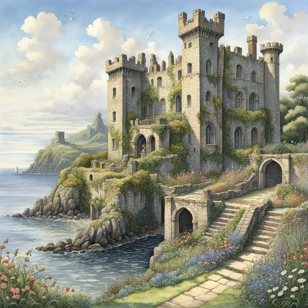 Idyllic Castle Ruins by the Sea in Summer
