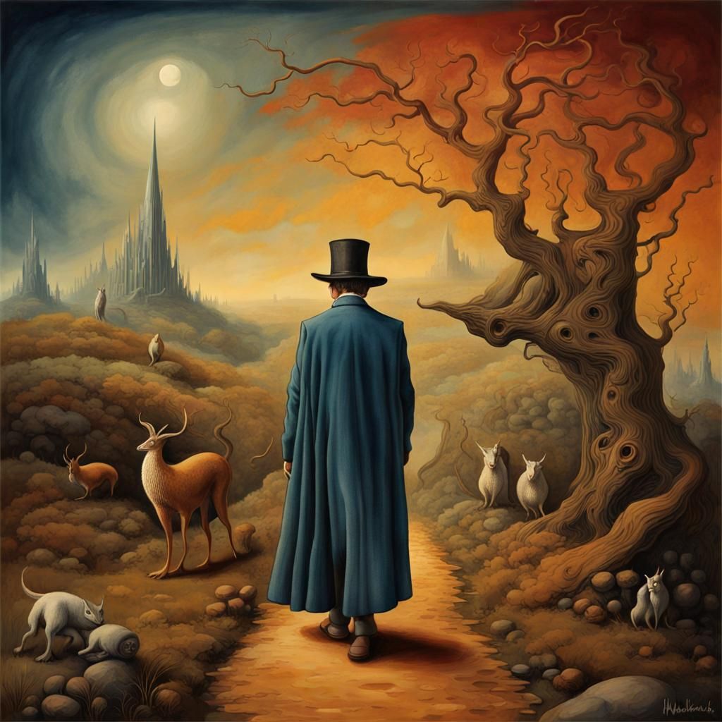 Surreal Dreamscape in Watercolor Style with Deep Color