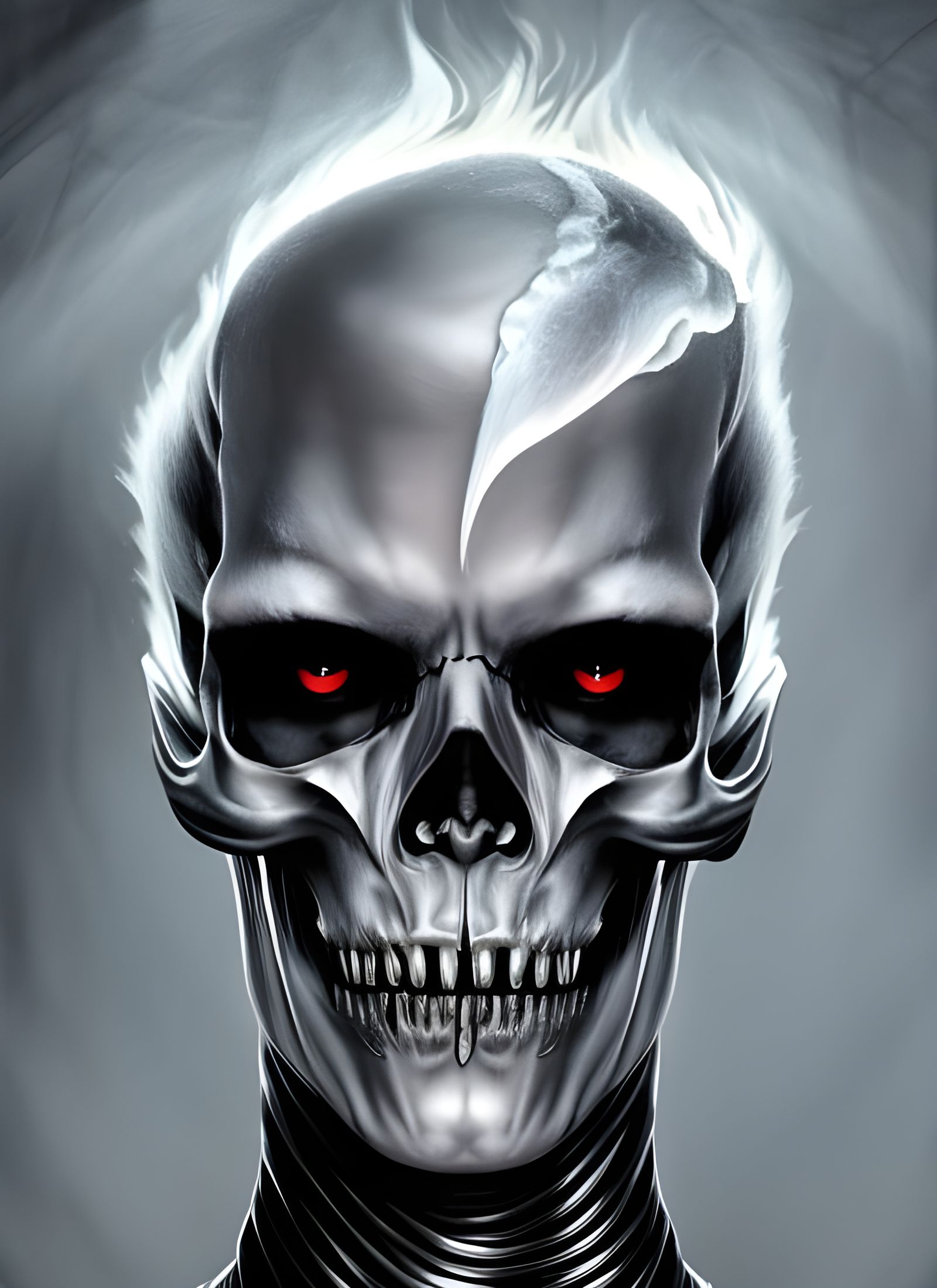 Chrome Skull Portrait with Fire Hair in 3D