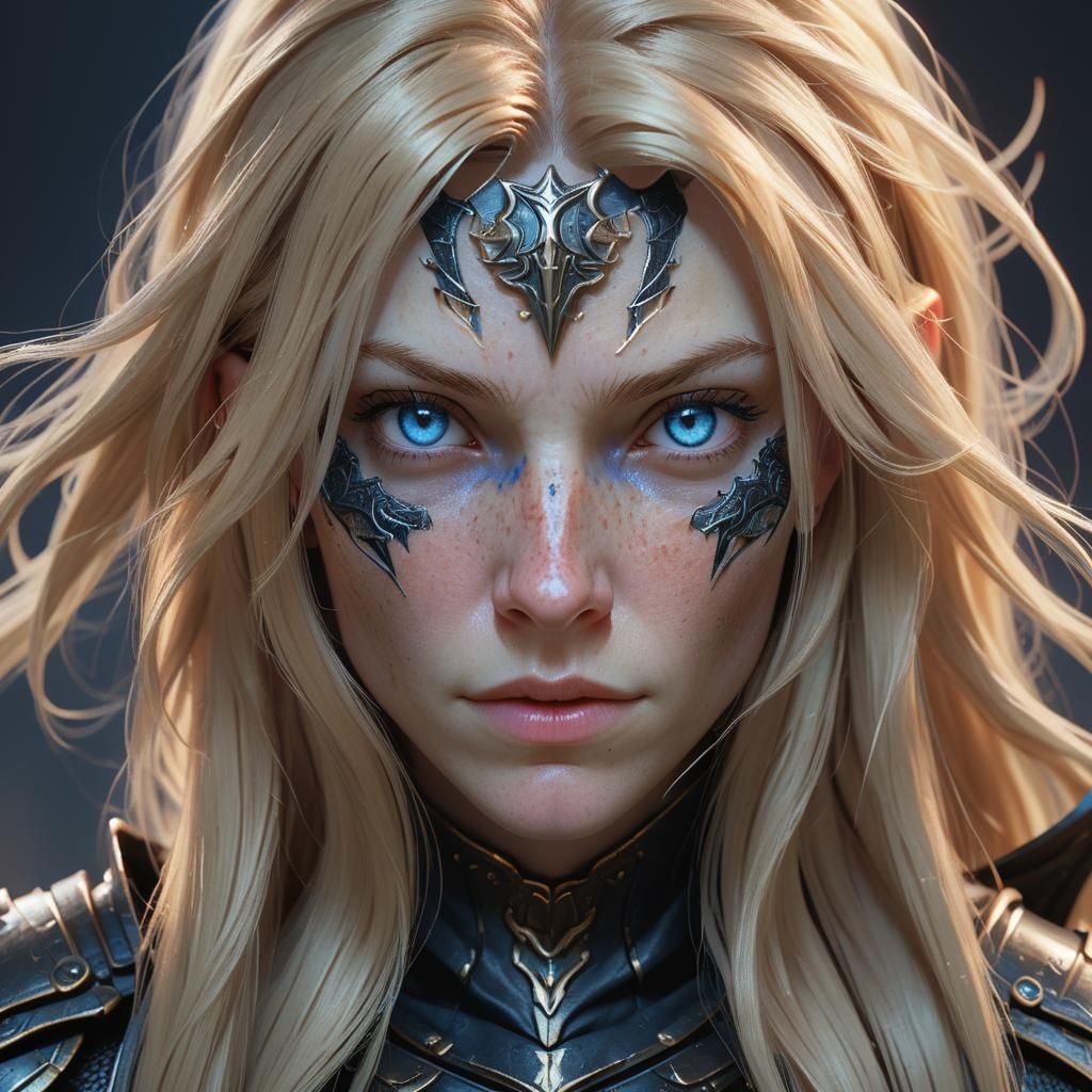 Confident Blonde Witch in Black Armor