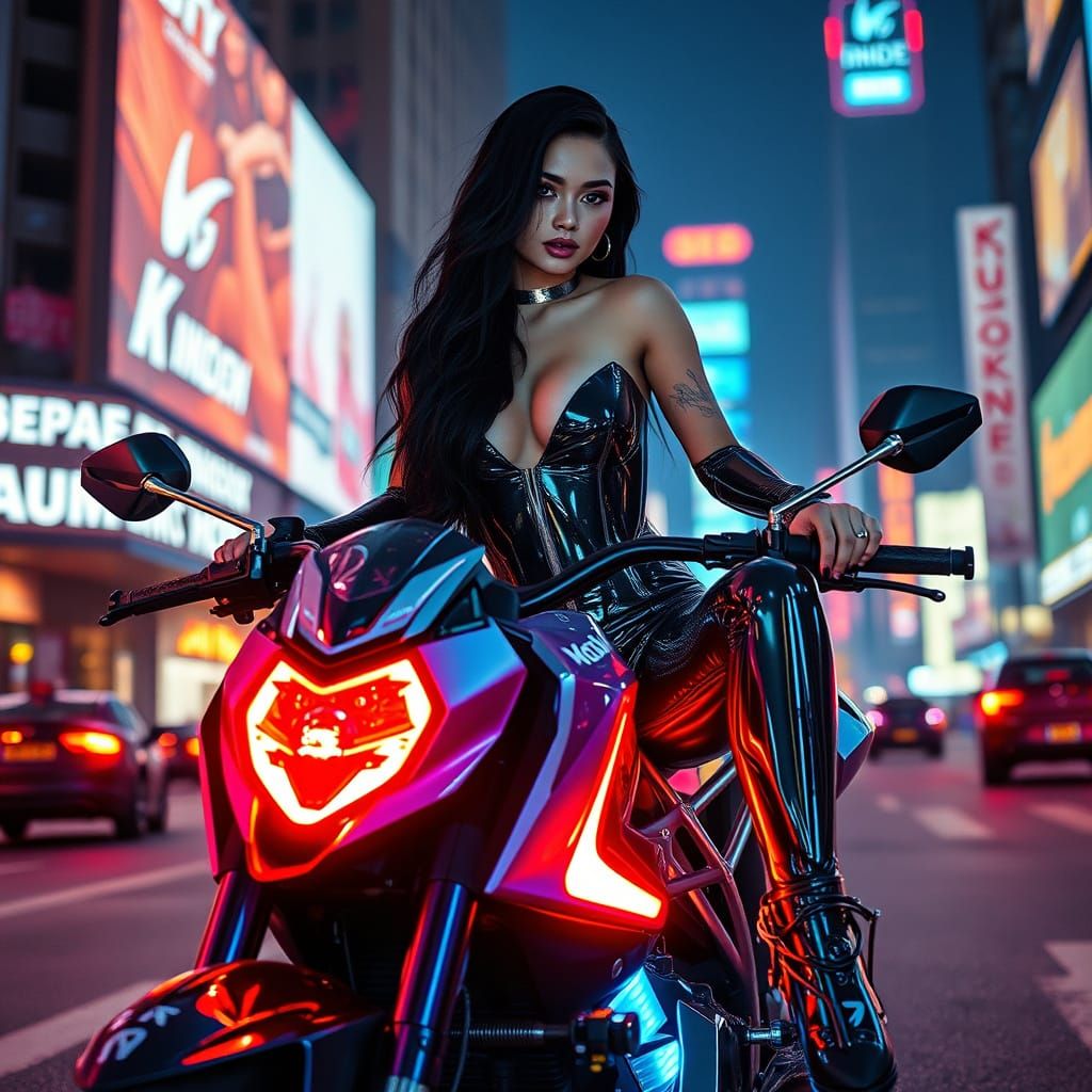 Confident Futurist Goddess on Neon Motorcycle