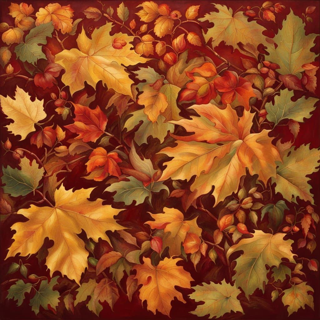 Autumn Foliage Painting in Crimson, Amber, and Gold