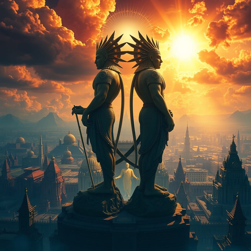 Two Gods Tower Over a Fantastical Cityscape in a Vibrant, At...